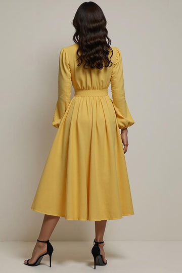 V Neck A Line Yellow Midi Work Dress
